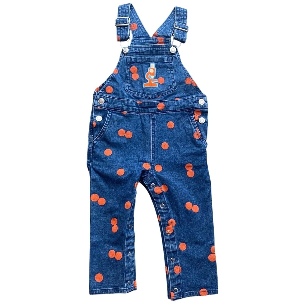 Toddler 18M Denim Overalls Orange Polka Dots Adjustable Straps Snap Legs Cute